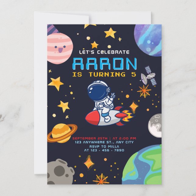 Rymden födelsedag med astronaut och planeter inbjudningar (Framsida)