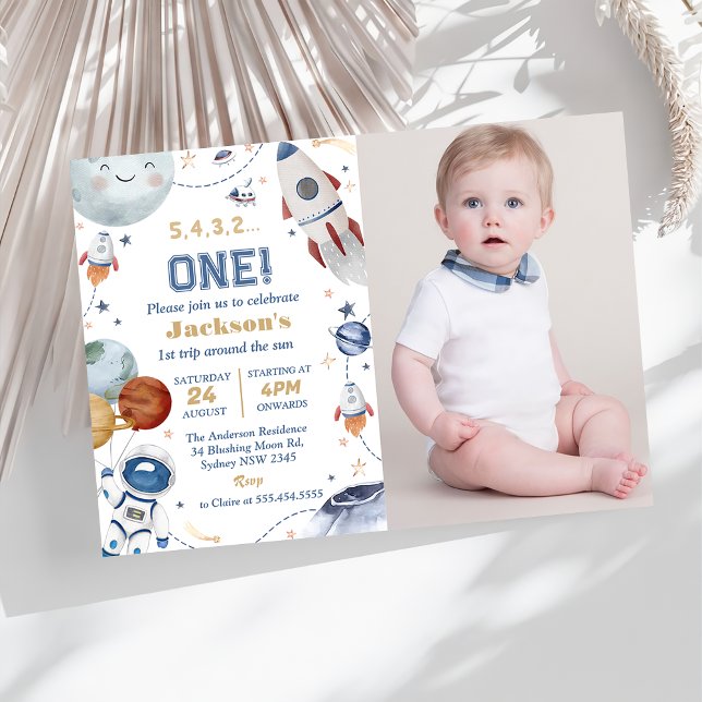 Rymden Födelsedagsfest 1:a Resa runt Sol Inbjudningar (Skapare uppladdad)