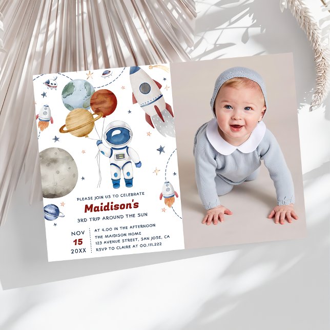 Rymden Födelsedagsfest 3:e Resa runt Sol Inbjudningar (Skapare uppladdad)