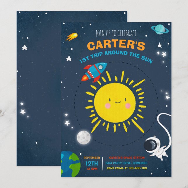 Rymden Födelsedagsfest Astronaut Rocket Party Inbjudningar (Fram/baksida)