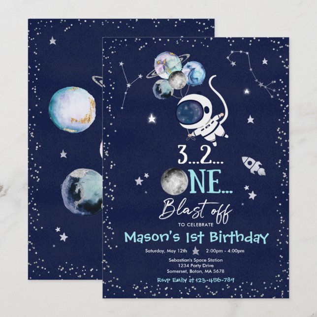 Rymden Födelsedagsfest Planet Astronaut Rocket Inbjudningar (Fram/baksida)