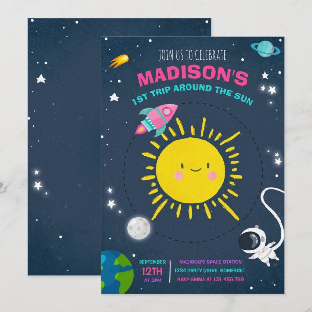 Rymden Födelsedagsfest Rosa Astronaut Rocket Inbjudningar (Fram/baksida)