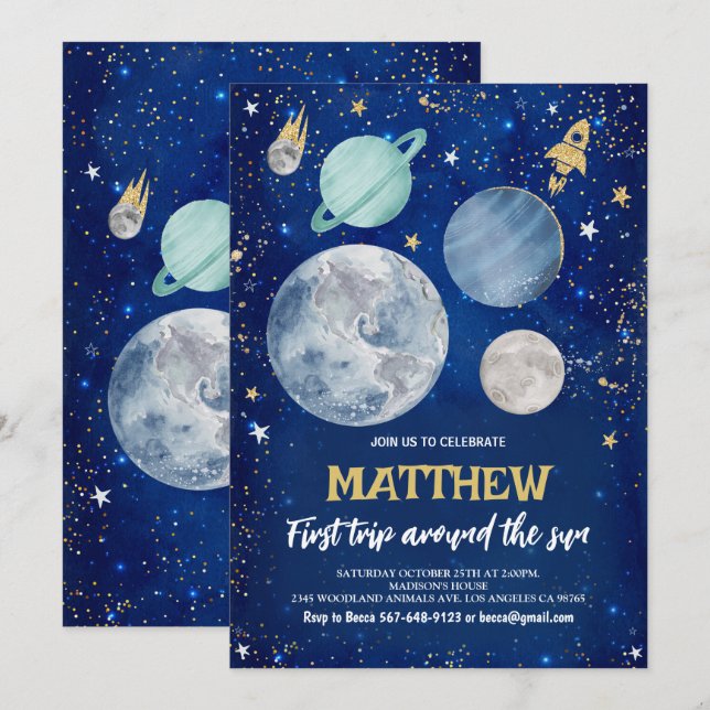 Rymden första födelsedag inbjudningar (Fram/baksida)