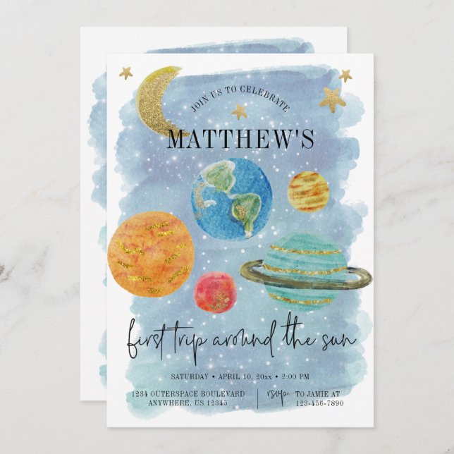 Rymden första födelsedag inbjudningar (Fram/baksida)