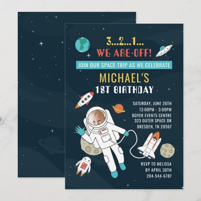 Rymden framtida astronautfoto 1:a födelsedag inbjudningar (Fram/baksida)