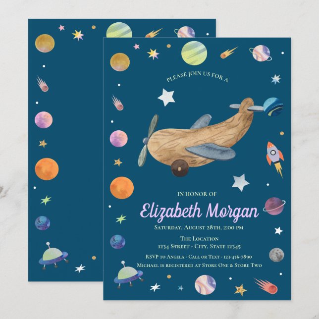 Rymden Galaxy Airplane Leksak Baby Shower Inbjudningar (Fram/baksida)