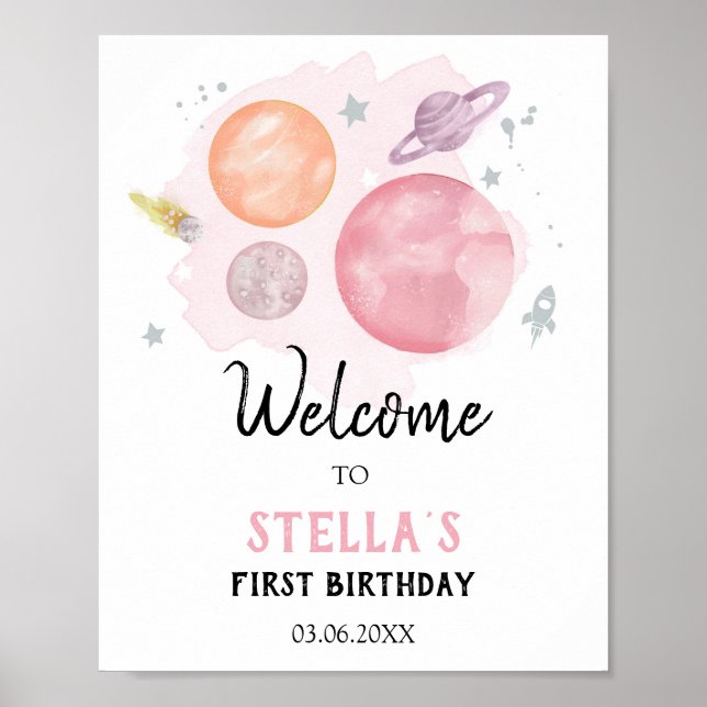 Rymden Galaxy Astronaut Girl Birthday Välkommen Poster (Framsidan)