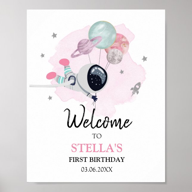 Rymden Galaxy Astronaut Girl Birthday Välkommen Poster (Framsidan)