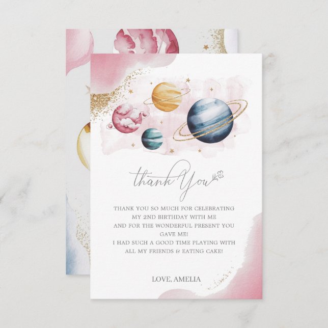 Rymden Girl Birthday Galaxy Stars Planets Tack Kort (Fram/baksida)
