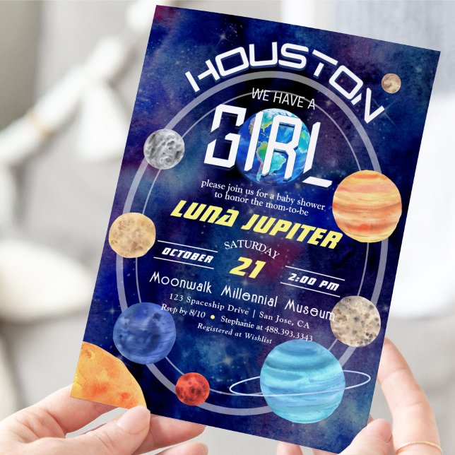 Rymden Houston Solar System Flicka Shower Inbjudningar (Houston, We Have a Girl! Cute Solar System Space Themed Invitation.)