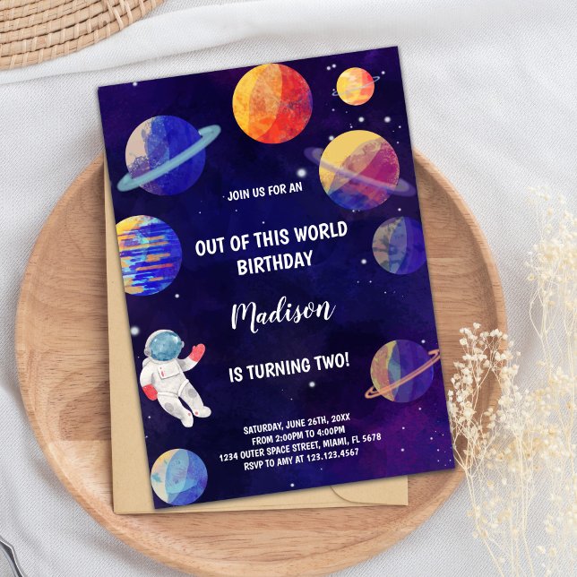Rymden Party Theme för barn Inbjudningar (Purple Planets Galaxy Invitations)