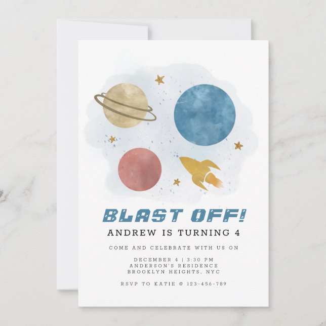 Rymden Planet Watercolor Fjärde födelsedag Inbjudningar (Framsida)