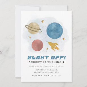 Rymden Planet Watercolor Fjärde födelsedag Inbjudningar
