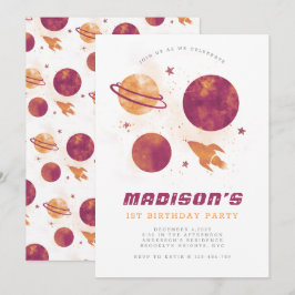 Rymden Planet Watercolor Girl First Birthday Inbjudningar