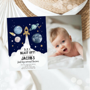 Rymden Planets Boy First Birthday bjudande Inbjudningar
