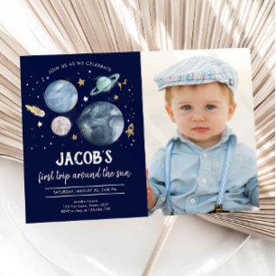 Rymden Planets Boy First Birthday bjudande Inbjudningar