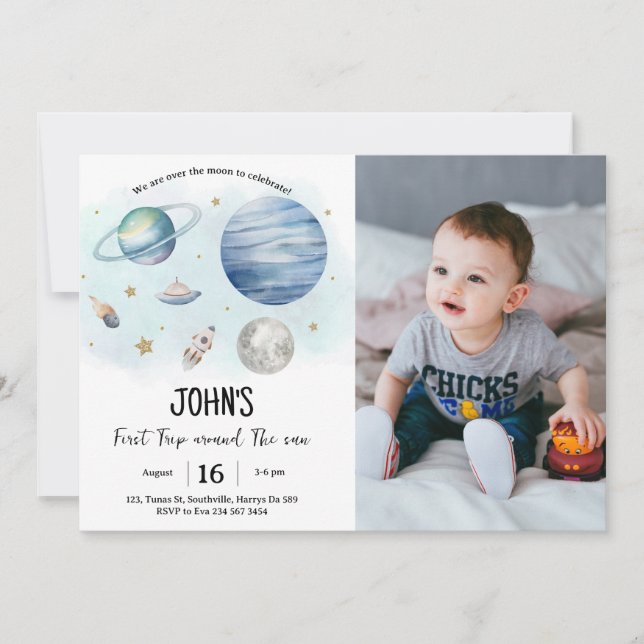 Rymden Planets Boy First Birthday Photo Inbjudningar (Framsida)