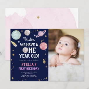 Rymden Planets Girl First Birthday bjudande Inbjudningar