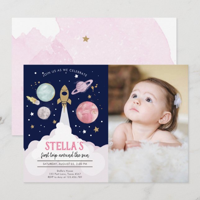 Rymden Planets Girl First Birthday bjudande Inbjudningar (Fram/baksida)