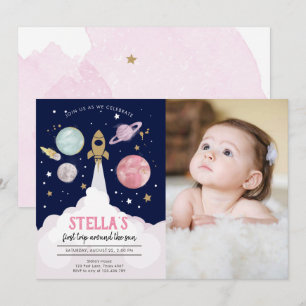 Rymden Planets Girl First Birthday bjudande Inbjudningar