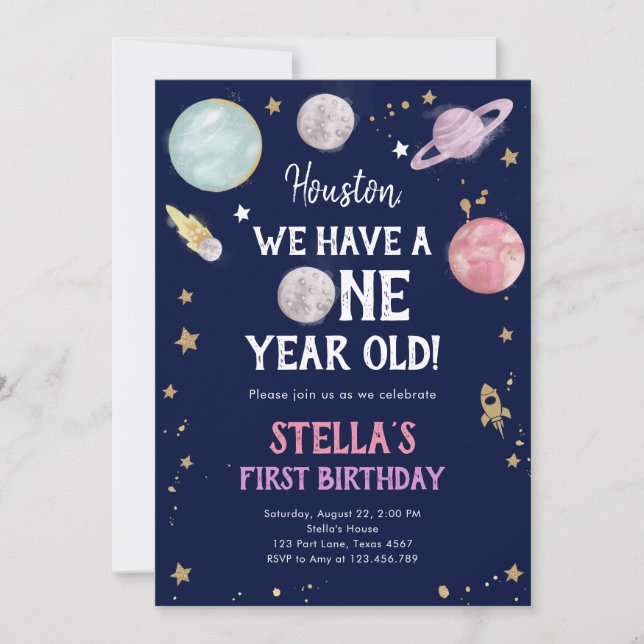 Rymden Planets Girl First Birthday bjudande Inbjudningar (Framsida)