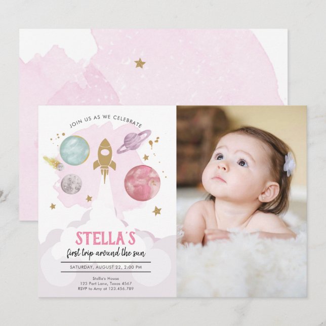 Rymden Planets Girl First Birthday bjudande Inbjudningar (Fram/baksida)