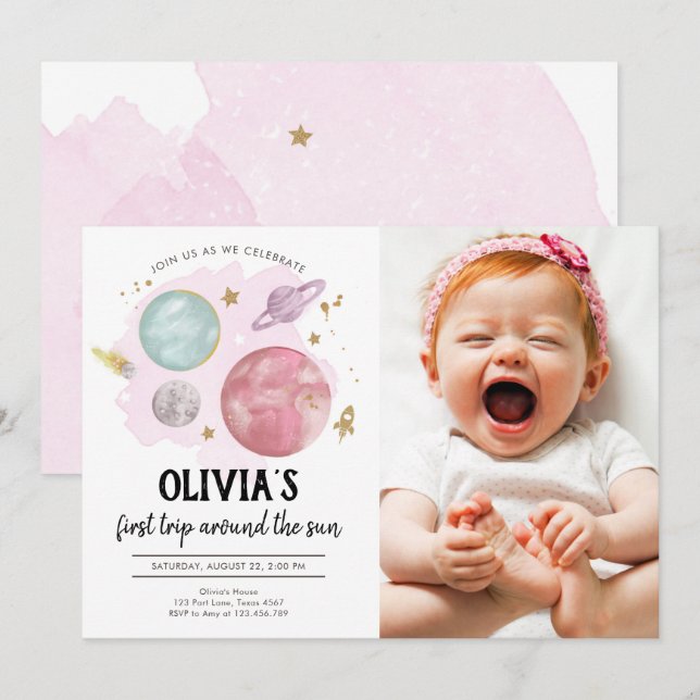 Rymden Planets Girl First Birthday bjudande Inbjudningar (Fram/baksida)