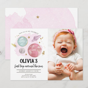 Rymden Planets Girl First Birthday bjudande Inbjudningar