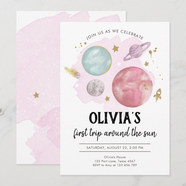 Rymden Planets Girl First Birthday bjudande Inbjudningar (Fram/baksida)