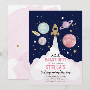 Rymden Planets Girl First Birthday bjudande Inbjudningar