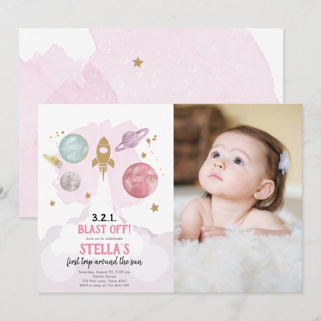 Rymden Planets Girl First Birthday Inbjudan (Fram/baksida)