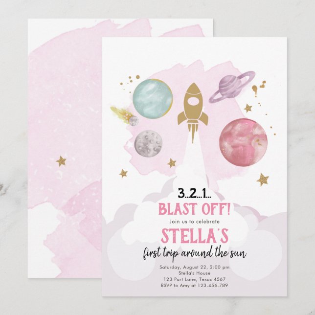 Rymden Planets Girl First Birthday Inbjudan (Fram/baksida)