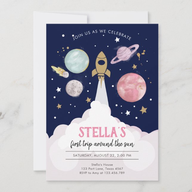 Rymden Planets Girl First Birthday Inbjudan (Framsida)