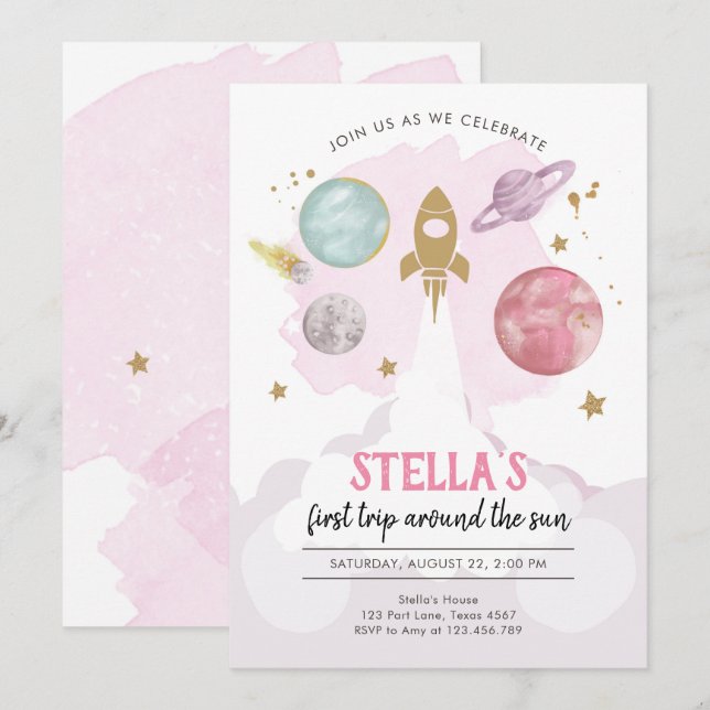 Rymden Planets Girl First Birthday Inbjudan (Fram/baksida)