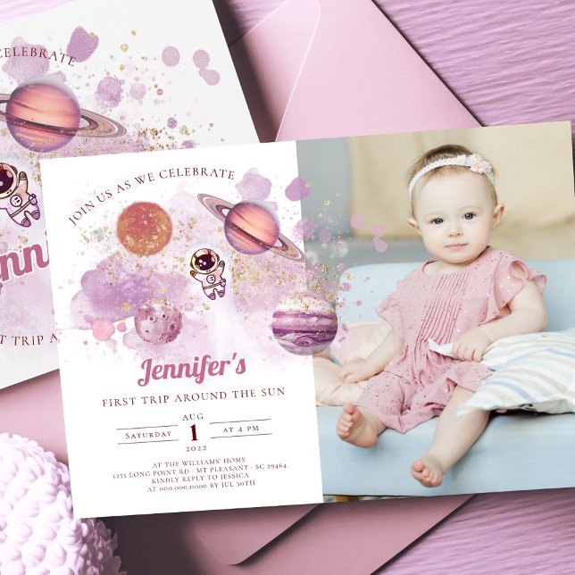 Rymden Planets Girl Rosa First Birthday Inbjudningar (Skapare uppladdad)