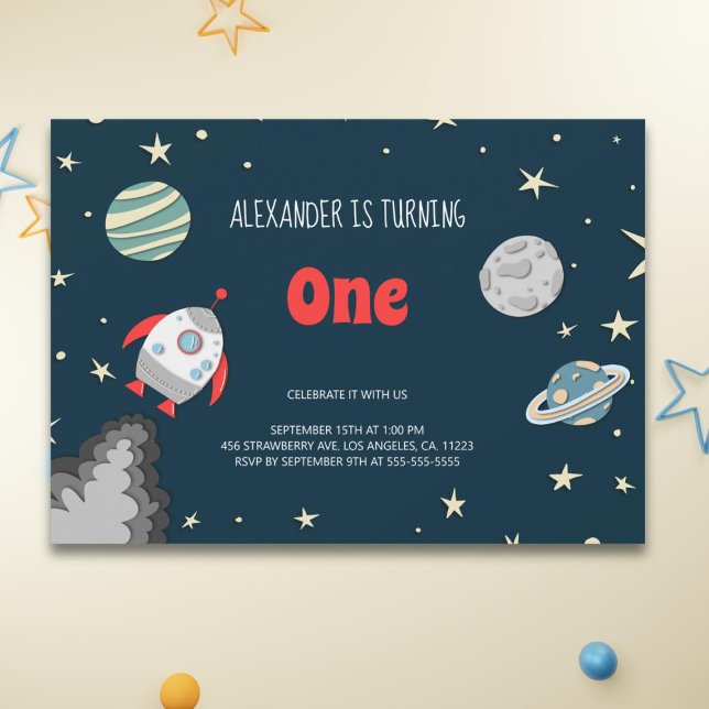 Rymden Planets Rocket 1:a födelsedag Inbjudningar (Skapare uppladdad)