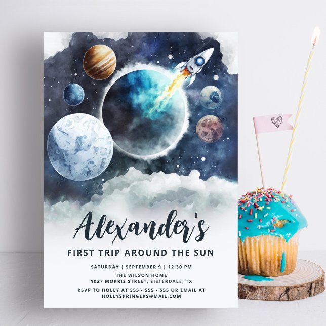 Rymden Planets & Rocket Frakt Boy 1st Birthday Inbjudningar (Skapare uppladdad)