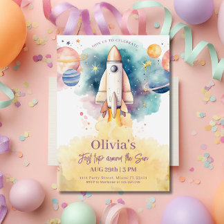 Rymden Planets Rocket Girl First Birthday Inbjudningar