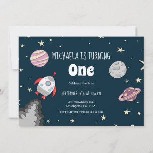 Rymden Planets & Rocket Girl First Birthday Inbjudningar