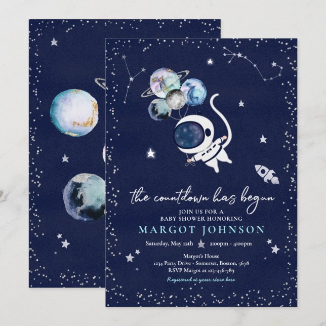 Rymden pojkvän Babyskor Galaxy Baby Shower Inv. Inbjudningar (Fram/baksida)