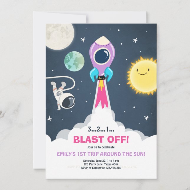 Rymden Rocket Girl Rosa Birthday Inbjudan (Framsida)