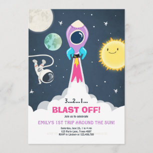Rymden Rocket Girl Rosa Birthday Inbjudan