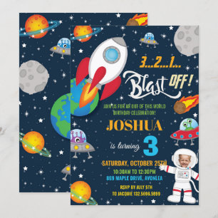Rymden Rocket Planet Astronaut Birthday Photo Inbjudningar