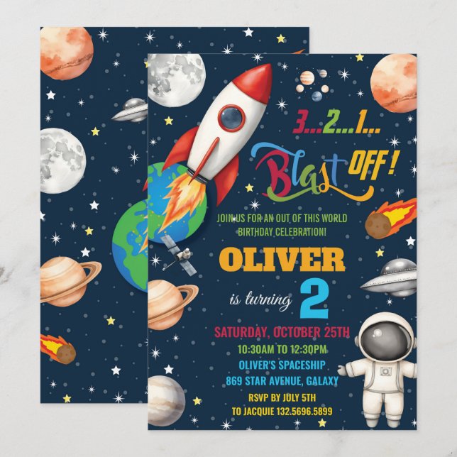 Rymden Rocket Planets Astronaut Birthday Inbjudningar (Fram/baksida)