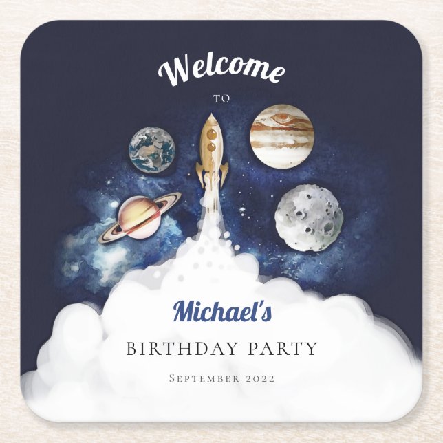 Rymden Rocket Planets Galaxy Pappra Tallrikar Underlägg Papper Kvadrat (Framsidan)