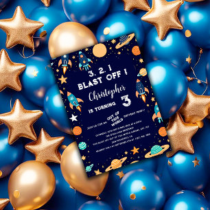 Rymden Rockets Planets Navy Blue Birthday Inbjudningar