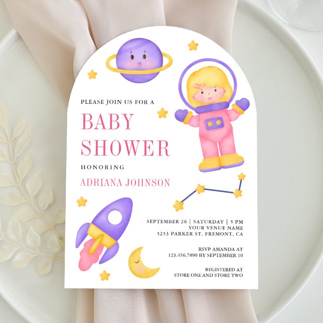 Rymden Rosa Girl Astronaut Arch Baby Shower Inbjudningar (Skapare uppladdad)