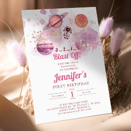 Rymden Rosa Planets Girl First Birthday Inbjudningar