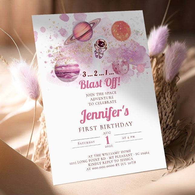 Rymden Rosa Planets Girl First Birthday Inbjudningar (Skapare uppladdad)