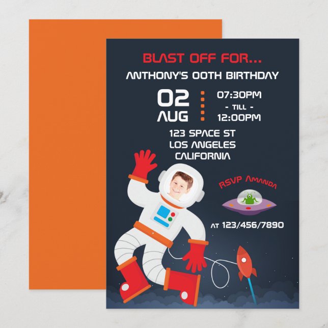 Rymden Théed Födelsedagsfest Lägg till bild Inbjud Inbjudningar (Fram/baksida)